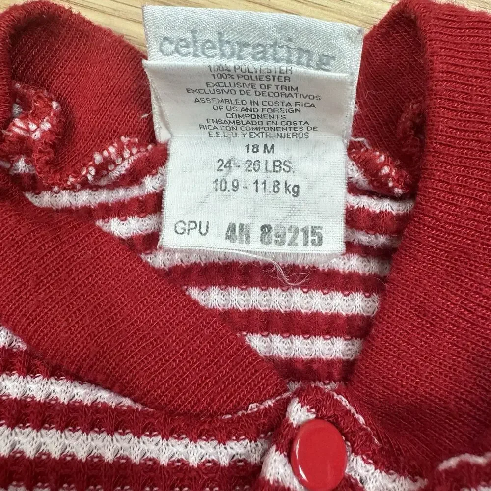 Vintage Baby 18M Footed Pajama Christmas Reindeer Stripe Red White Carters